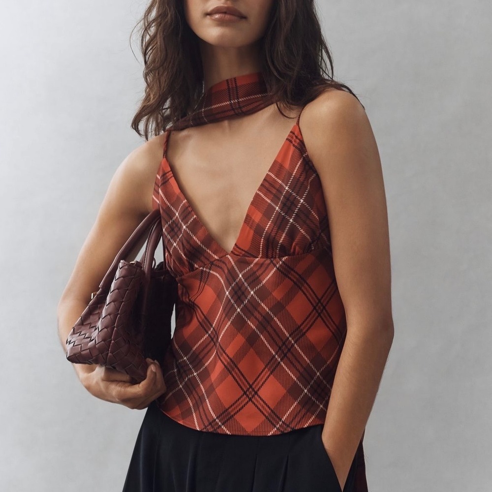 Maeve‎ Red Plaid Camisole Scarf Top V-Neck Adjustable Straps NWT Size L